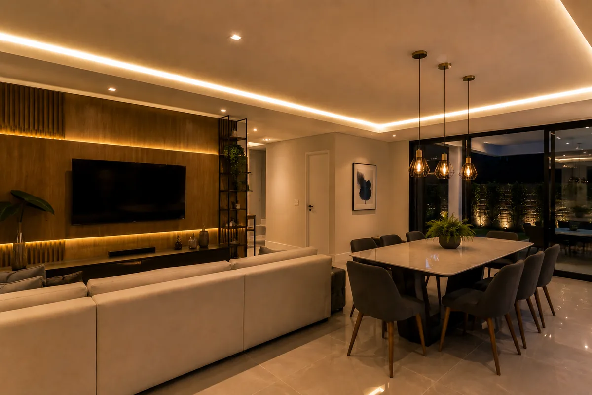 Ambiente residencial sofisticado com iluminação moderna instalada pela Koven Elétrica